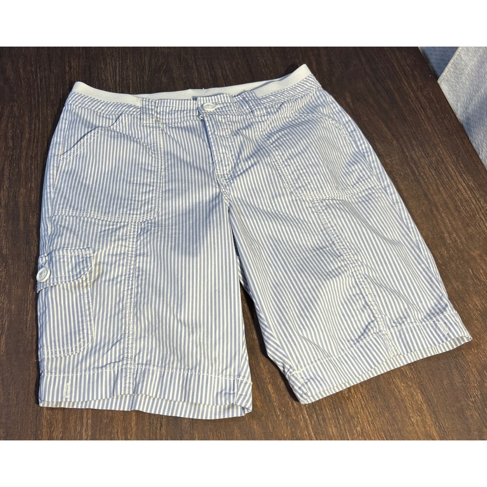 St. John's Bay Womens Cotton Blue/White Striped Elastic Waist Bermuda Shorts 6P